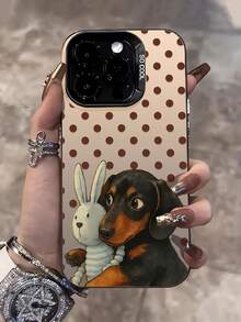1pc Fashionable Polka Dot Rabbit & Dog Graphic IMD Shockproof Anti-Slip Black Phone Case, Compatible With IPhone 16 Pro Max/16/16 Pro/16 Plus/15/15 Pro Max/15 Pro/11/12/13/14 Pro Max/11 Pro/11 Pro Max/12 Pro/12 Pro Max/13 Pro/13 Pro Max/14 Pro/14 Pro Max, Creative Elegant Design - Multicolor - View 1