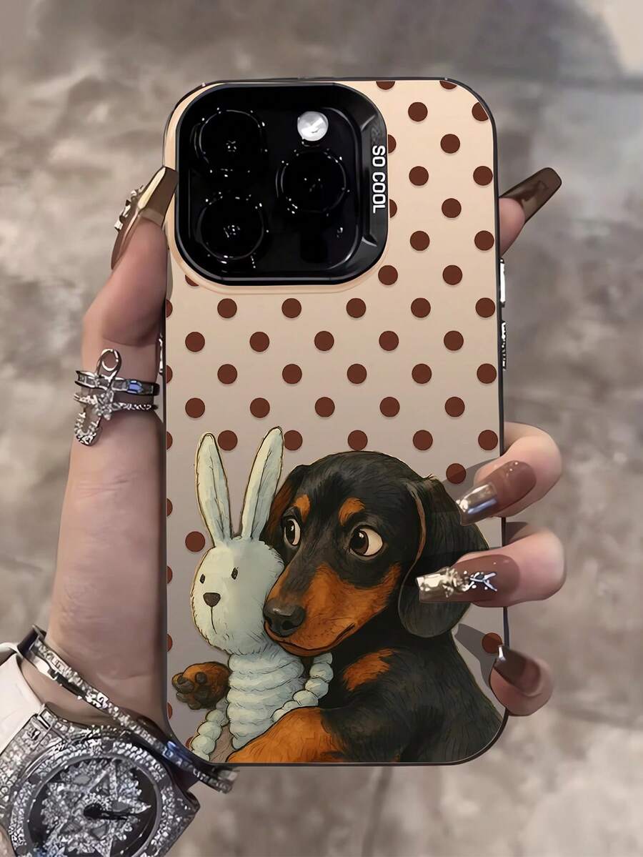 1pc Fashionable Polka Dot Rabbit & Dog Graphic IMD Shockproof Anti-Slip Black Phone Case, Compatible With IPhone 16 Pro Max/16/16 Pro/16 Plus/15/15 Pro Max/15 Pro/11/12/13/14 Pro Max/11 Pro/11 Pro Max/12 Pro/12 Pro Max/13 Pro/13 Pro Max/14 Pro/14 Pro Max, Creative Elegant Design - Multicolor - View 1