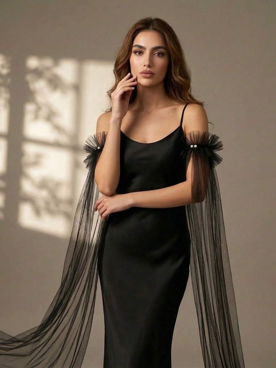 2 piezas Puños de manga negros, volantes de longitud completa con decoración de perlas, adecuados para novia de boda, fotografía de boda, vacaciones en la playa, accesorios para vestidos de fiesta