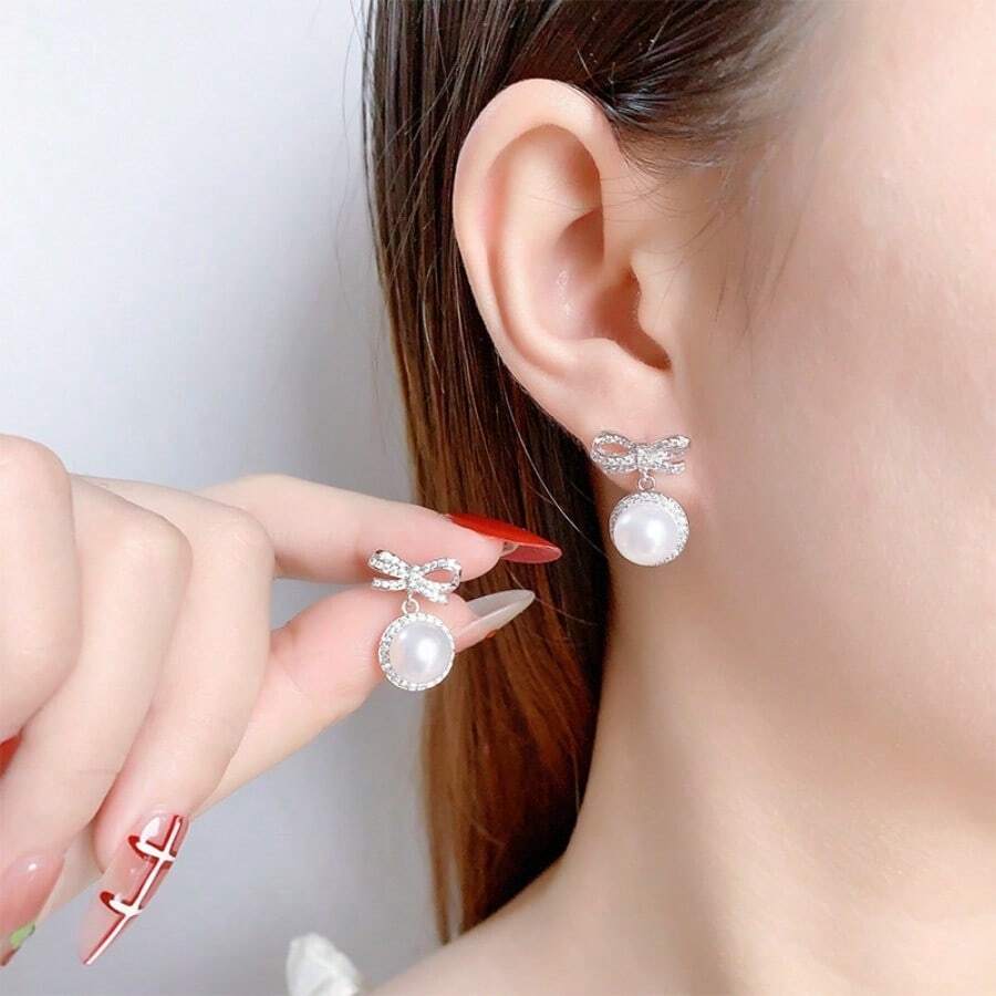 Bông tai hình nơ đính đá Zirconia siêu nhỏ và ngọc trai giả, thiết kế sang trọng độc đáo, trang sức cao cấp dành cho tiệc bãi biển. - Loại bướm - Xem 1