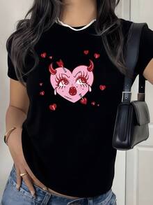 Corazón rosa con cuernos y flechas simboliza la dualidad entre el amor y la rebeldía expresando emociones intensas y un toque de picardía junto a pequeñas figuras de corazones rojos camiseta de mujer casual 220g moderna cómoda para uso diario - Negro - Ver 8