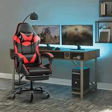 1 x Silla ergonómica para gaming con ajuste de altura e inclinación, base de cinco estrellas y reposapiés - Estructura de hierro forjado resistente, accionamiento manual, silla de oficina ergonómica ajustable | Silla de escritorio para gaming/streaming de alta resistencia con ajuste de altura, inclinación manual y soporte lumbar, acolchado de espuma viscoelástica, requiere montaje, adecuada para entornos de oficina y gaming. - Rojo - Ver 1