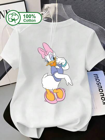 Disney 迪士尼女士休闲日常100%纯棉短袖T恤，雏菊印花，适合日常出行、上学、约会以及在迪士尼乐园穿着。夏季服装，雏菊图案印花T恤。