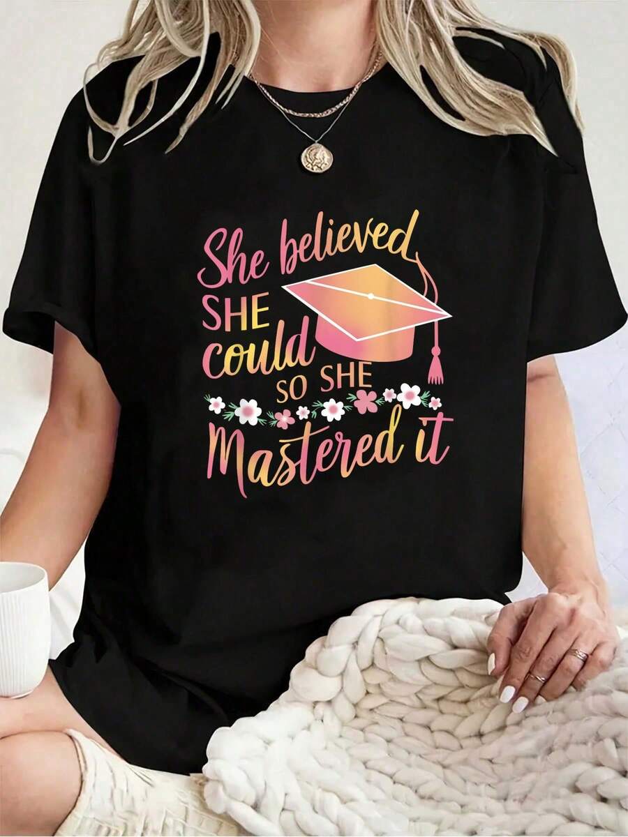 Camiseta Unisex 100% Algodón con Frase Divertida: "Ella Creía Que Podía, Así Que Lo Logró", Estilo Casual Holgado, Ropa Urbana, Top de Moda de Verano - Negro - Ver 1
