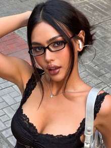 一副小型长方形塑料电脑/游戏/电视/手机眼镜，缓解眼疲劳，轻便时尚，透明镜片镜框 - 黑色 - 查看 2