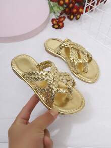 1 Pair 2026 Comfortable Shiny Gold Woven Criss-Cross Thong Sandals - Gold - View 1