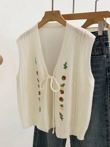 时尚刺绣无袖背心，百搭白色针织开衫，适合春夏穿着 - 白色 - 查看 6