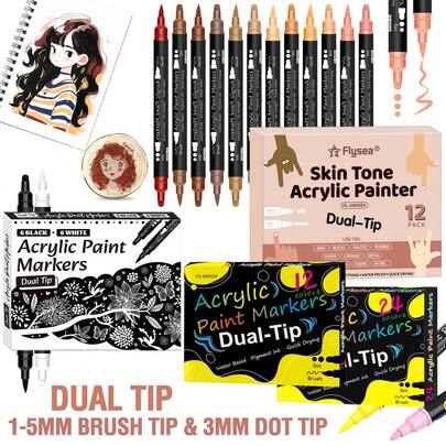24pcs Vivid Color + 12pcs Skin Tone + 12pcs Black & White Double-Ended Acrylic Markers, 1-5mm Flexible Tip & 3mm Chisel Tip, Vibrant Colors, Smooth Flow, Opaque, Quick Drying, Waterproof, Suitable For Wood, Glass, Canvas, Balloon, Stone, Hat, Phone Case, Graffiti, Back To School Student Gift