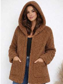 Women's Teddy Coat With Hood And Pockets | Warm, Casual, Fleece-Lined Winter Jacket - Rỉ Nâu - Xem 2