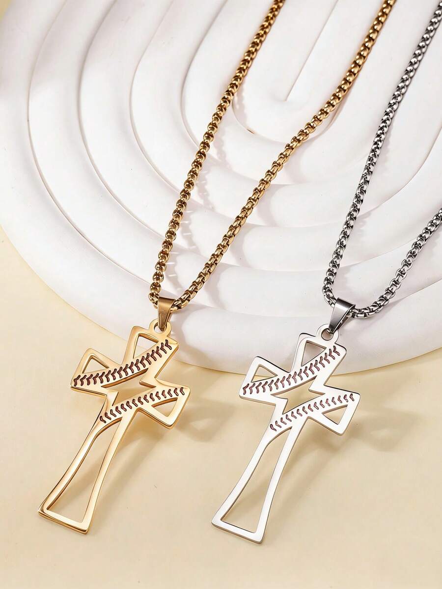 1pc Men's Baseball Cross Necklace, Hollow Design Pendant - Gold - View 1