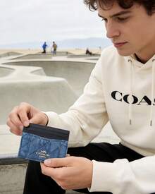 Coach 10-Card Capacity RFID Blocking Slim Wallet, Made Of Cotton Material With Rhombus Embossed Design - Blue - View 2