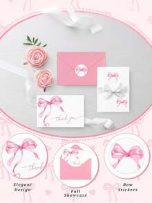 10pcs/Set Pink Bow Thank You Cards With Envelopes And Stickers Watercolor Bow Greeting Cards Pink Blank Note Cards For Wedding Birthday Bachelorette Baby Shower Party Supplies(Pink, Blue) - Multicolor - View 4