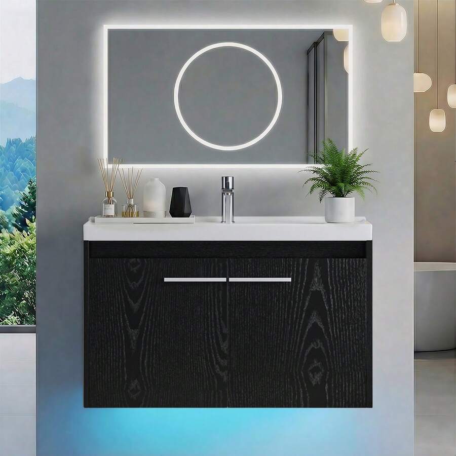 31" Floating Bathroom Vanity With Sink Combo, Wall Mounted Bathroom Vanity Cabinet With LED Light, 2-Door Bathroom Storage Cabinet For Small Bathroom, White/Grey/Black, (USB LED Strip) - 黑色 - 查看 1