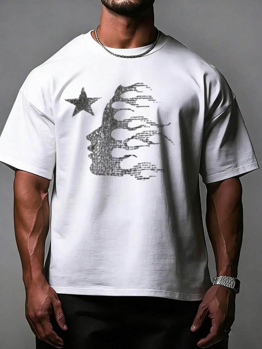 Hellstars Textured Flame Head Star Y2K Graphic T-Shirt,220g 100% Cotton,Round Neck Short Sleeve,White Streetwear Essential For Summer Going Out,Unisex Style - 白色 - 查看 1