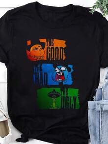 The Wonderful World Of Gumball Funny T-Shirt |   For Women And Men, Breathable, Short-Sleeved, With Fun Cartoon Designs, Comfortable And Casual, Round Neck, Slightly Stretchy Material, Regular Fit, Printed Pattern, Ideal For Fashion Lovers. - 黑色 - 查看 1