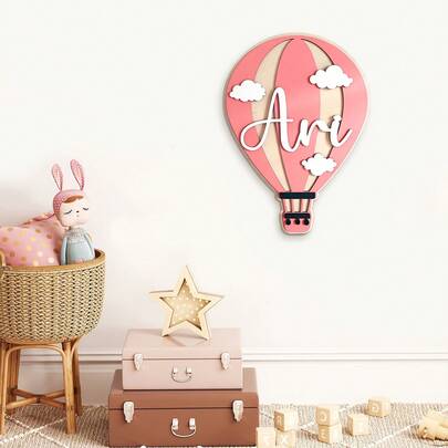 1PC Personalized Hot Air Balloon Wooden Name Sign - Custom Wall Decor For Living Room And Bedroom, Handcrafted Wooden Plaque, Children's Birthday Party Decoration, Back-To-School Keepsake, Christmas And Halloween Gift, Unique Family Or Kids' Room Decor
