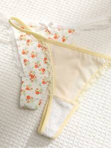 Aesletic 6pcs Comfortable Solid Color/Floral Print Women's Low-Rise Thong Panties - Multicolor - View 8