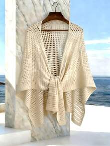 Áo choàng ngắn đa năng màu trơn khoét lỗ dành cho nữ cỡ lớn, áo khoác cardigan móc nhẹ dành cho nữ, kiểu dáng mở phía trước mùa hè, khăn choàng dệt kim cỡ lớn dành cho nữ, thiết kế khoét lỗ thoáng khí, trang phục thường ngày mùa xuân dành cho nữ. - Màu be - Xem 9