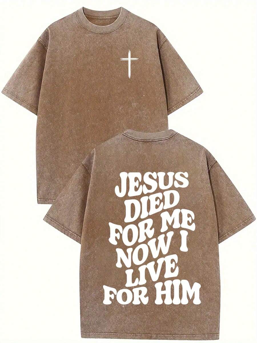 1 Piece 230G Retro T-Shirt For Unisex, JESUS DIED FOR ME NOW I LIVE FOR HIM Print Oversized Cotton Solid Drop Shoulder T Shirts For Men Vintage Streetwear Basic Tees Baggy Hip Hop Unisex Tops Acid Wash T ShirtRound Neck Loose Fit T-Shirt - 卡其色 - 查看 1