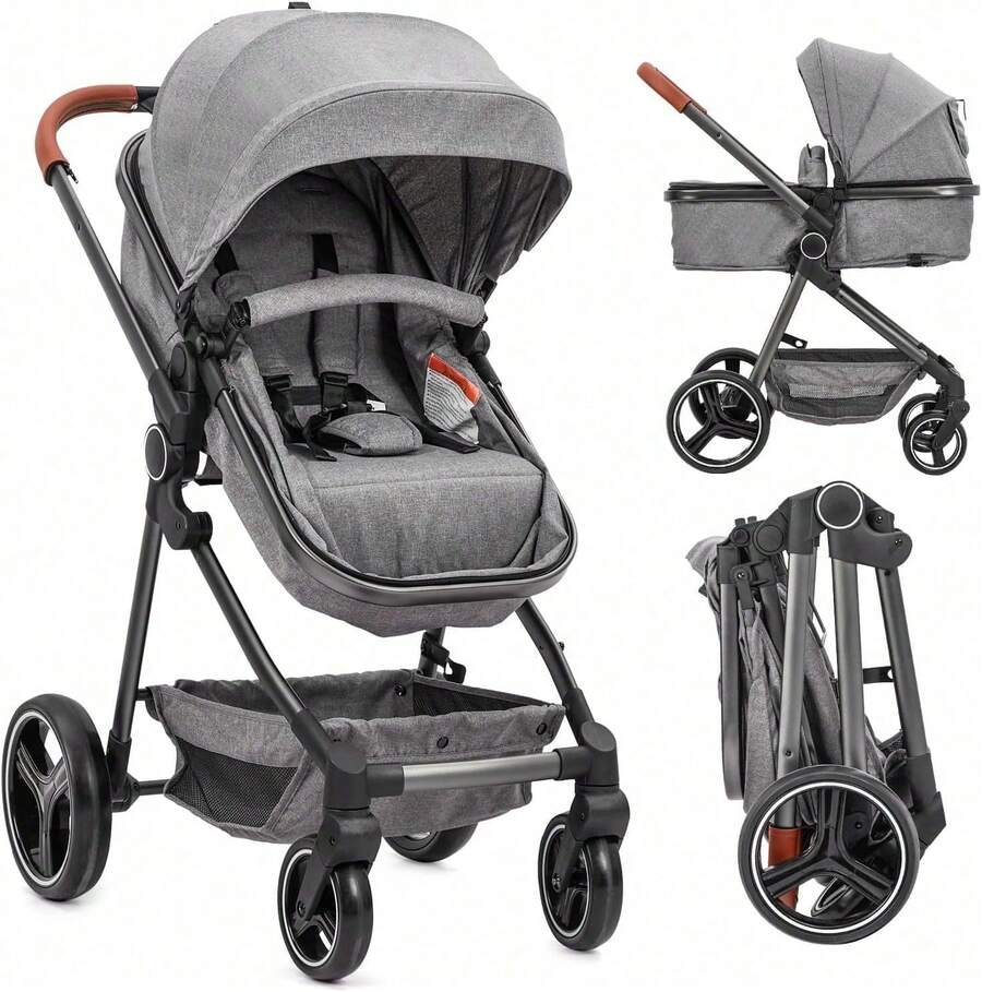 2-en-1 cochecito de bebé con cesta de Moisés para bebés y recién nacidos de 0 a 36 meses, cochecitos plegables ligeros de viaje con paraguas, cochecitos compactos con asientos reversibles para niños pequeños. - Gris - Ver 1