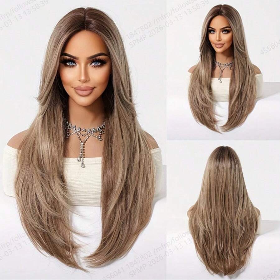 Trending 20inchLong Layered Ash Blonde Highlight Synthetic Wig With Middle Part, Natural Looking Straight Wig For Women, Daily & Party Wear - Camel - View 1
