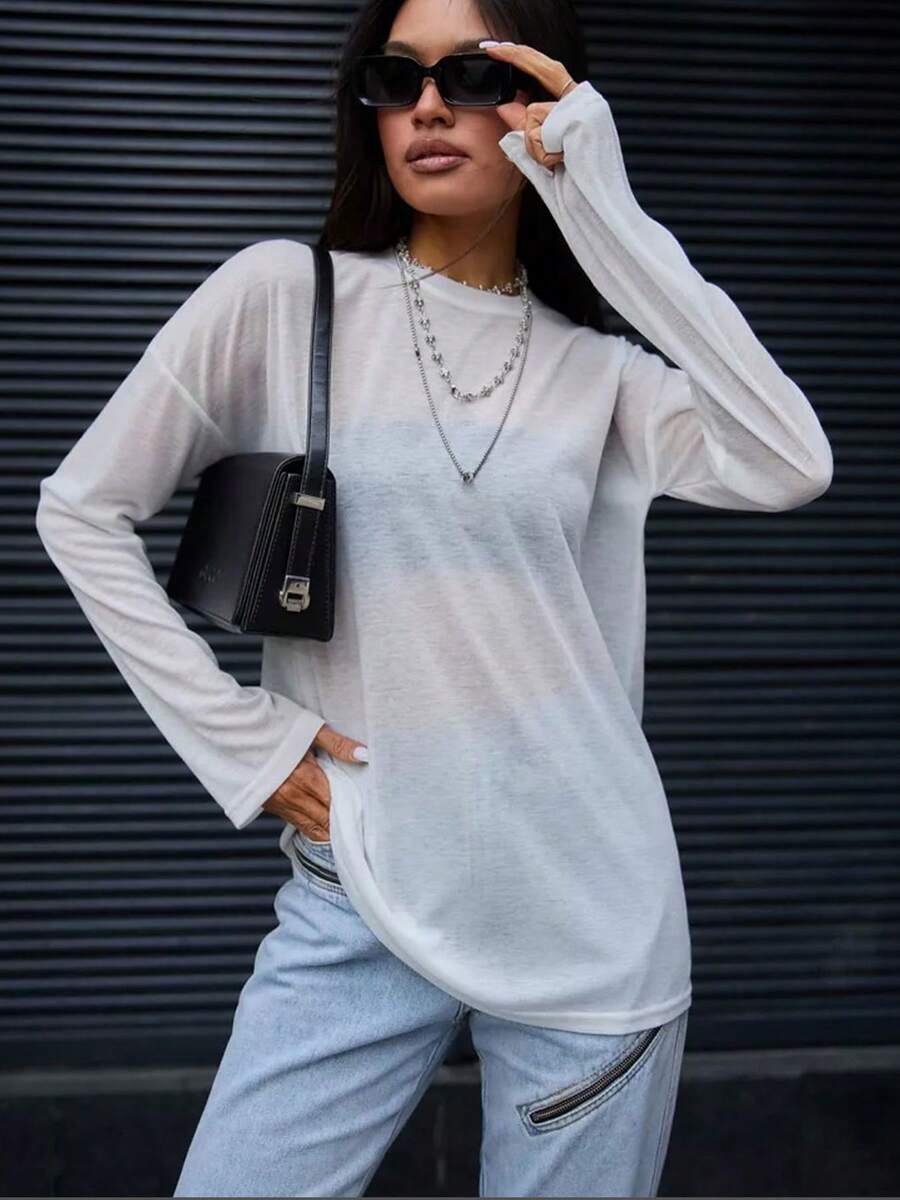 1 pieza Blusa de manga larga transparente, de ajuste holgado, ligera y con protección solar, de uso casual para primavera - Blanco - Ver 1