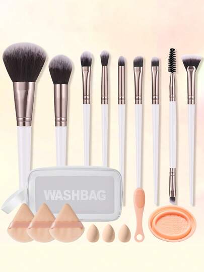 18-Piece Professional Makeup Brush And Beauty Sponge Set: Includes 9 Makeup Brushes (For Setting Powder, Blush, Highlighter, And Eyeshadow) + 3 Portable Powder Puffs + 3 Ultra-Soft, Non-Absorbent Beauty Sponges + Brush Cleaning Bowl; Comes With A Portable Letter-Printed Bag And A Handheld Blackhead Remover Brush-A Complete Makeup Tool Kit