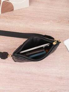 Túi đeo chéo nữ màu đen chần bông, túi đeo vai bản rộng họa tiết hình thoi thời trang, ví cầm tay mini, phù hợp cho các dịp thường nhật và tiệc tùng. - màu đen - Xem 5