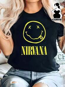 Camiseta casual  de moda con diseño icónico sonreír estilo vintage para mujer ideal para ocasiones informales o conciertos en talla grande color negro categoría música  alternativa rock llamativo estilo juvenil goma flexible. - Negro - Ver 7