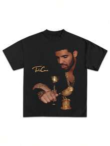 100% Cotton Oversize Black Drake Graphic Tee "Take Care" Album Cover Portrait Print Hip Hop Music Merch Retro Streetwear Casual Short Sleeve T-Shirt, Unisex - 黑色 - 查看 1