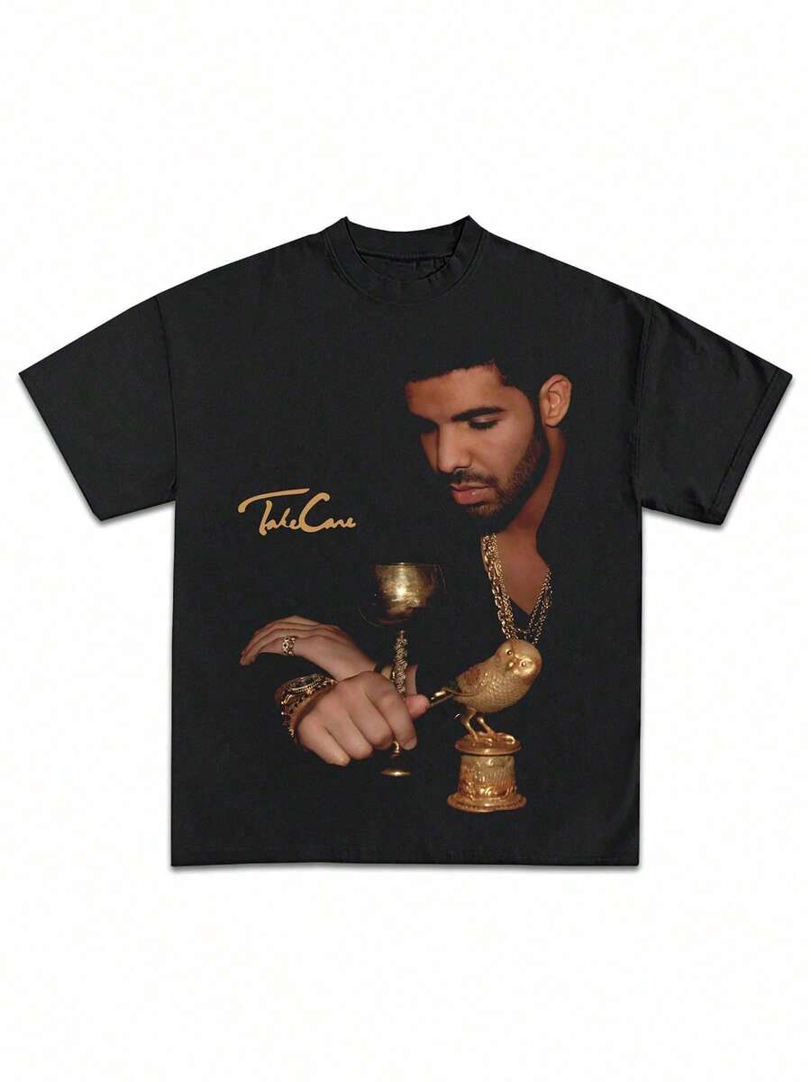 100% Cotton Oversize Black Drake Graphic Tee "Take Care" Album Cover Portrait Print Hip Hop Music Merch Retro Streetwear Casual Short Sleeve T-Shirt, Unisex - 黑色 - 查看 1