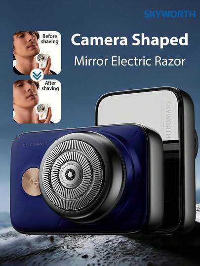 SKYWORTH 「续航时间45分钟」全新升级款迷你相机造型电动剃须刀，带镜子，便携式口袋剃须刀，USB迷你剃须刀，男士专用，可充电，干湿两用，全身可水洗