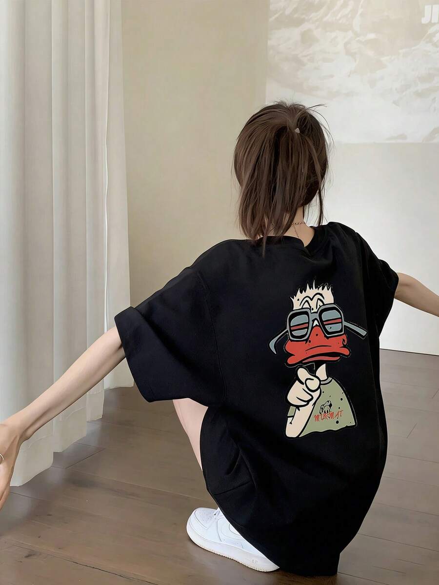 Áo thun nữ tay ngắn cổ tròn dáng rộng in hình vịt hoạt hình phong cách Nhật Bản dành cho mùa hè - màu đen - Xem 1