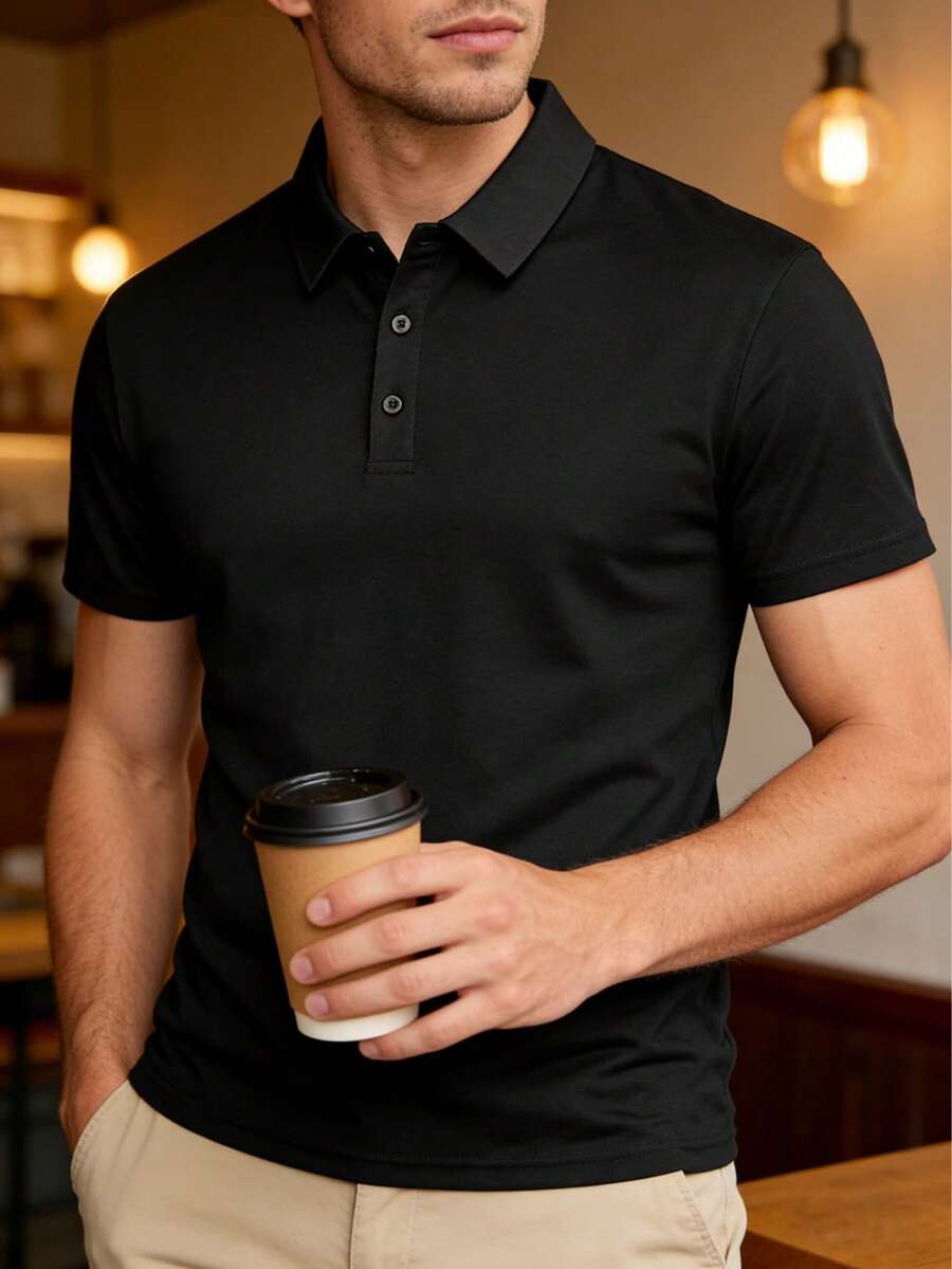男士纯色Polo衫，休闲运动装，短袖，夏季黑色 - 黑色 - 查看 1