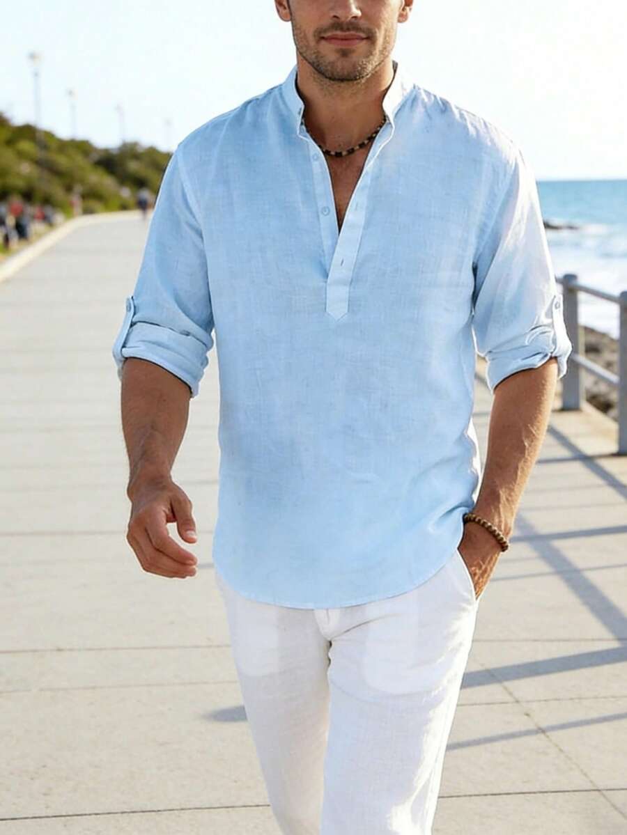 Men's Cotton Linen Long-Sleeved Shirt - Blue - View 1