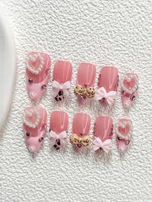 10Pcs Blending French Style Polygel Nail Set,Acrylic Press-On Nails,Openwork Heart Pink Bow Cute Leopard-Print Bow Adorned  Small White Flowers, Pearls, Diamonds,Comes With Nail Tools(1 Sheets Jelly Stickers+1PC Nail File)3 Sizes Available,Almond Nails, Duck Nails,Coffin Nail,Suitable For Daily, Dining Dates Leisure Entertainment,Travel Photography,Spring Summer,Commute Supplies Nails - 彩色 - 查看 12