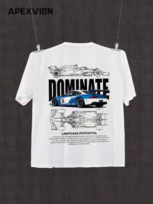 美国街头赛车图案印花T恤，印有“Dominate”字样，街头服饰上衣 - 白色 - 查看 3