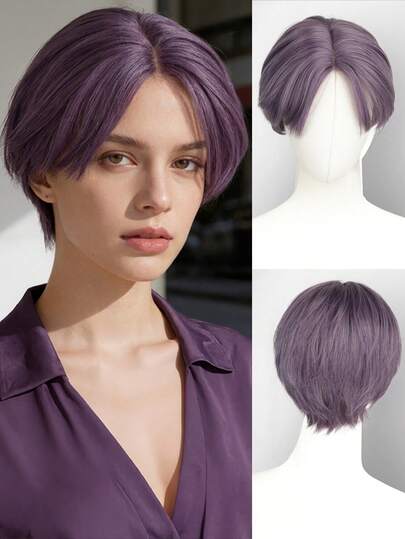 10英寸合成短直发假发，带刘海，哑光耐热纤维，适合角色扮演、万圣节装扮，浅紫色