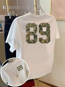 T-shirt imprimé avec motifs recto verso, motif camouflage, modèle numéro 89, t-shirt femme à manches courtes et col rond, coupe confortable, design classique, pièce tendance, haut femme imprimé recto verso. - Blanc - Voir 2