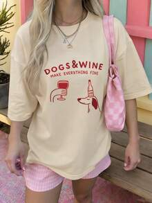 女款趣味狗狗與紅酒標語印花寬鬆圓領短袖休閒日常T恤 - 杏色 - 查看 5
