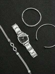4pcs/Set Women's Square Dial Elegant Quartz Wrist Watch + Bracelet, No Watch Box Included - Silver - View 4