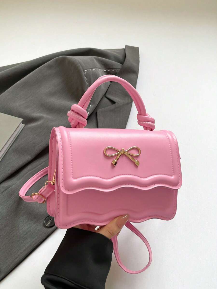 Fashion Solid Color Handbag, Casual Crease Flap Small Square Bag With Bowknot Metal Hardware Lock Closure, Tote Shoulder Crossbody Bag, Spring/Summer New