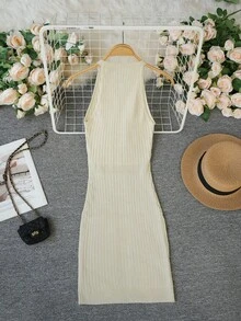 New Hollow Out Knitted Halter Neck Bodycon Dress For Women, Slim Fit Waist, Mini Skirt, Spring/Summer - Apricot - View 9