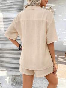 PoPoHouse 女士两件套夏季套装，波西米亚风休闲时尚装，度假沙滩套装，卡其色短袖衬衫和短裤套装，女士假日服装 - 淺卡其 - 查看 2