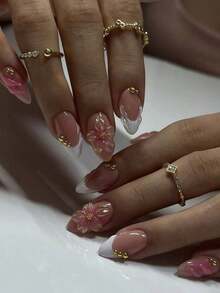 24pcs/Set Elegant Gradient Pink & White Almond-Shaped Nail Stickers With 3D Floral & Pearl Decor, Includes Gel Polish And Nail File, Suitable For Girls/Women For Daily, Party, Autumn Nails Nail Supplies - 多色 4 - 查看 2