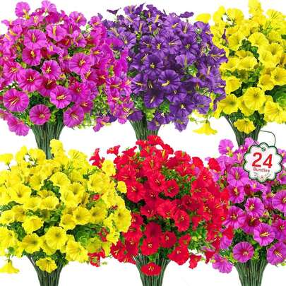 24 Bundles Artificial Flowers For Outdoor,No Fade Fake Plastic Flowers Faux Plants For Decoration Hanging Planters Indoor Outside Garden Porch Window Box Home Wedding Farmhouse