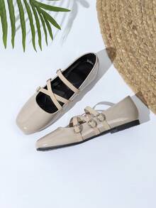 复古学院风玛丽珍鞋，三条绑带设计，百搭休闲女鞋 - 杏色 - 查看 4