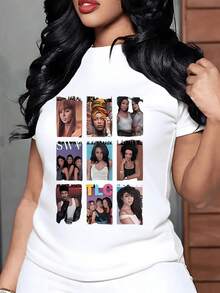 Mosaico colorido que representa la confianza la hermandad y la alegría femenina con retratos artísticos que transmiten energía positiva y unión camiseta de mujer casual cuello redondo tela suave 220g - Blanco - Ver 8