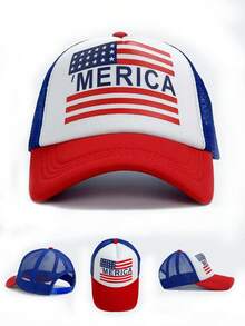 1顶女士美国国旗印花网眼帽，休闲百搭，适合美国独立250周年庆典、街头嘻哈风格，防晒。 - A - 查看 1
