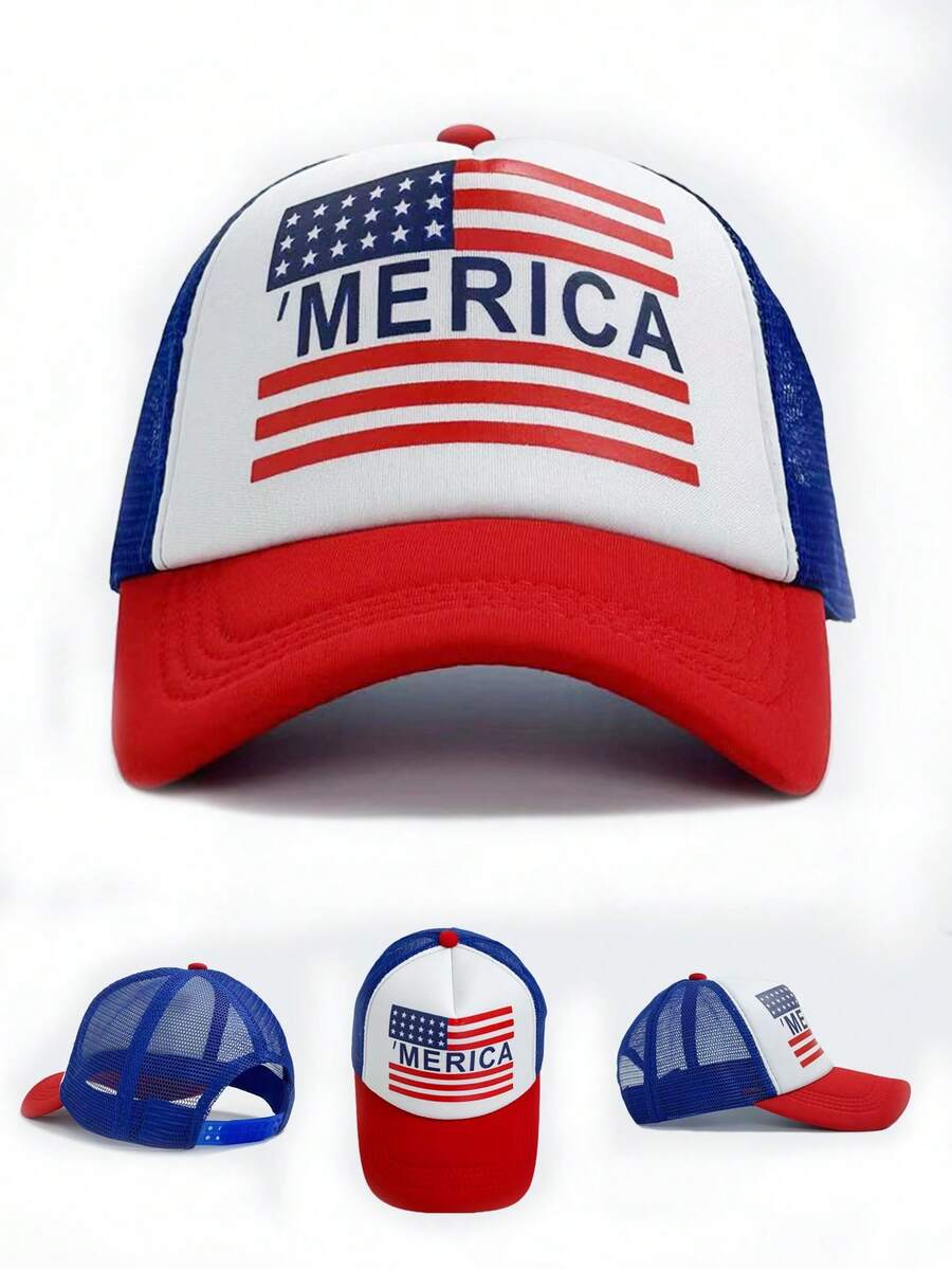 1顶女士美国国旗印花网眼帽，休闲百搭，适合美国独立250周年庆典、街头嘻哈风格，防晒。 - A - 查看 1